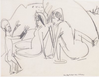 Two Women and Sculpture on the Beach by Ernst Ludwig Kirchner
